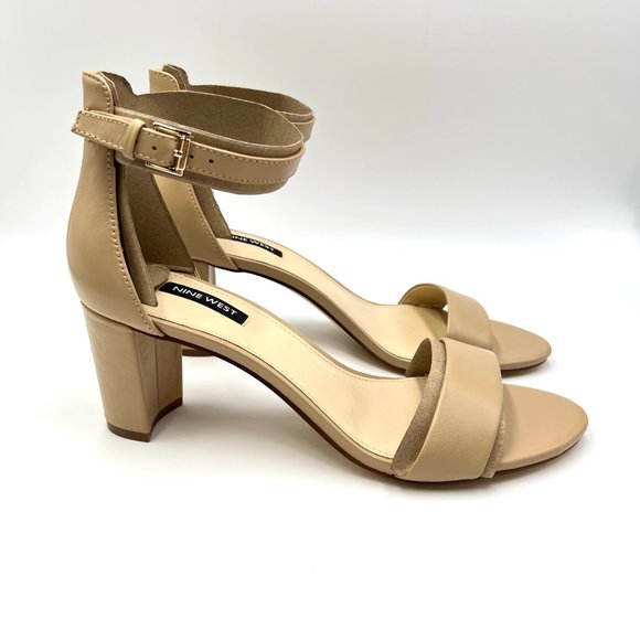 Nine West Pruce Beige Tan Natural Leather Open Toe Block Heels Sandals Shoes 10M - Picture 1 of 13
